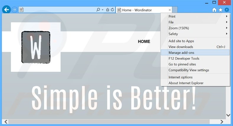 Verwijder de Wordinator advertenties uit Internet Explorer stap 1