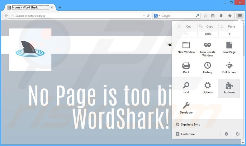 Verwijder de Word Shark advertenties uit Mozilla Firefox stap 1