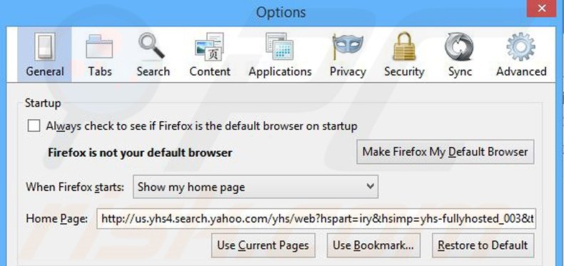 Verwijder yhs4.search.yahoo.com als startpagina in Mozilla Firefox
