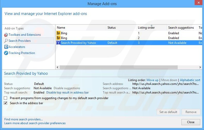 Verwijder yhs4.search.yahoo.com als standaard zoekmachine in Internet Explorer 