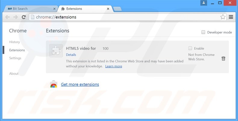 Verwijder aan bit-search.com gerelateerde Google Chrome extensies