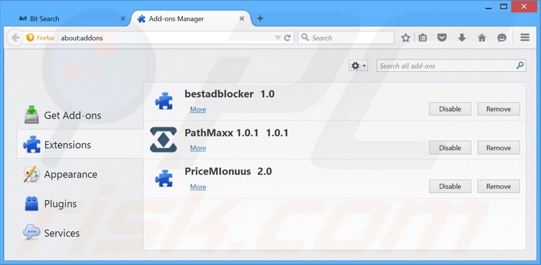 Verwijder aan bit-search.com gerelateerde Mozilla Firefox extensies