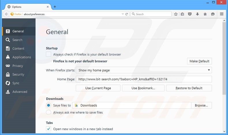 Verwijder bit-search.com als startpagina in Mozilla Firefox