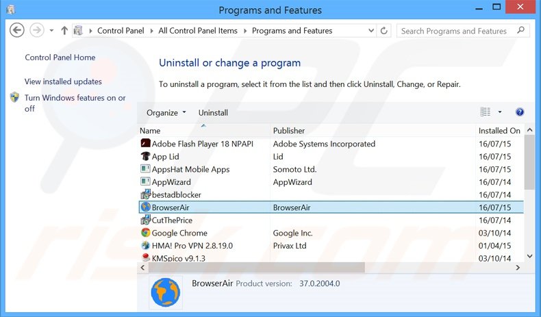 BrowserAir adware verwijdering via het Controle Paneel