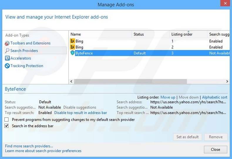 Verwijder ByteFence als standaard zoekmachine in Internet Explorer