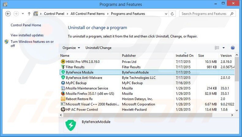 ByteFence browser hijacker verwijdering via het Controle Paneel