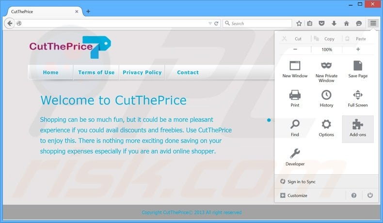 Verwijder de CutThePrice advertenties uit Mozilla Firefox stap 1