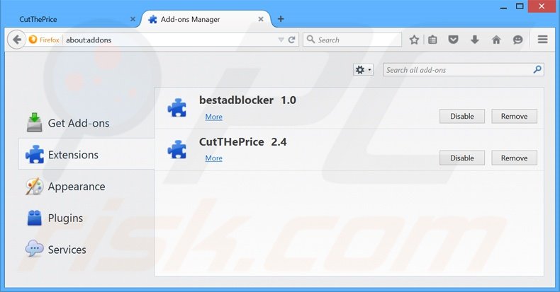 Verwijder de CutThePrice advertenties uit Mozilla Firefox stap 2
