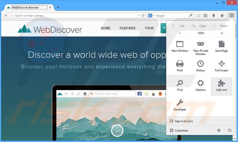 Verwijder de WebDiscover advertenties uit Mozilla Firefox stap 1