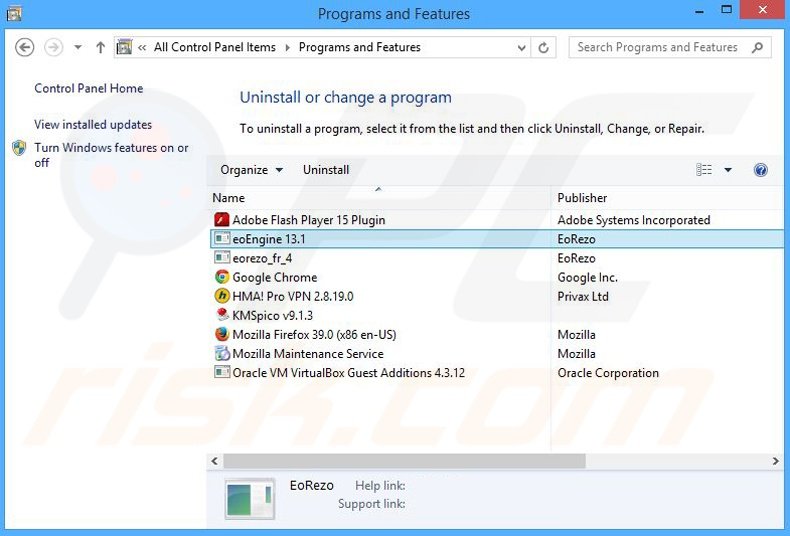 eoRezo adware verwijdering via het Controle Paneel
