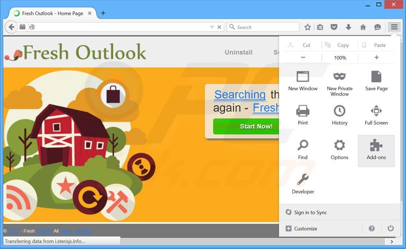 Verwijder de Fresh Outlook advertenties uit Mozilla Firefox stap 1