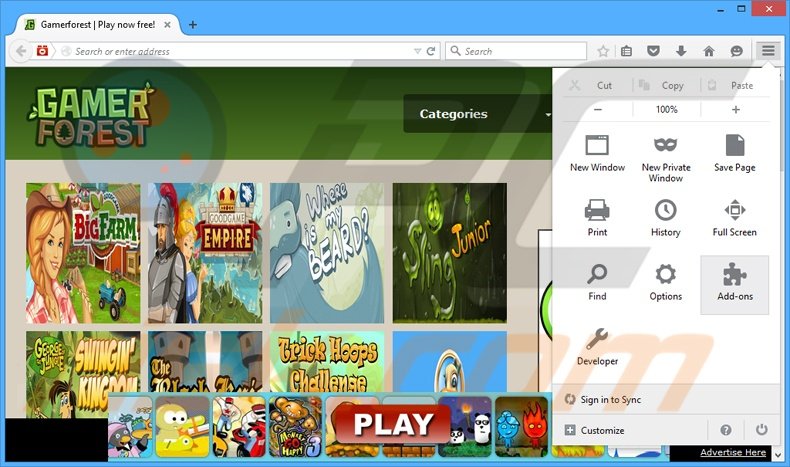 Verwijder de GamerForest advertenties uit Mozilla Firefox stap 1