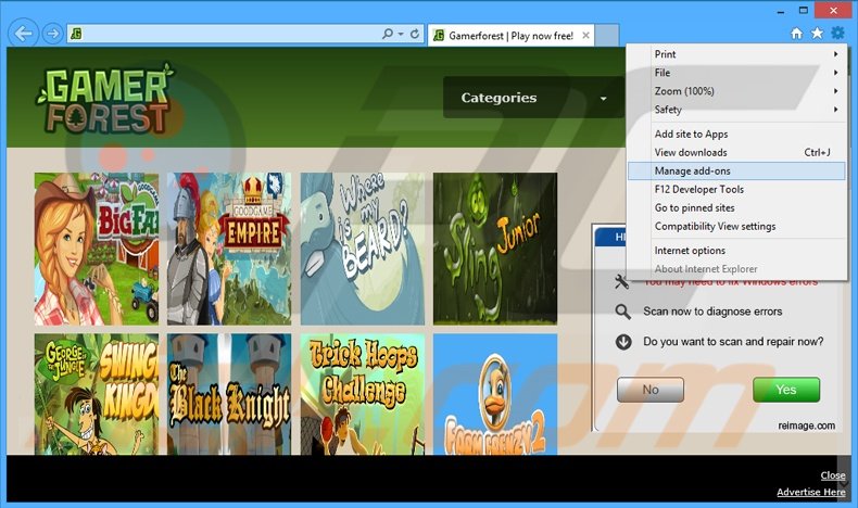 Verwijder de GamerForest advertenties uit Internet Explorer stap 1