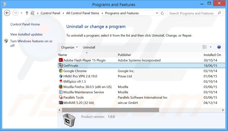 GetPrivate adware verwijdering via het Controle Paneel