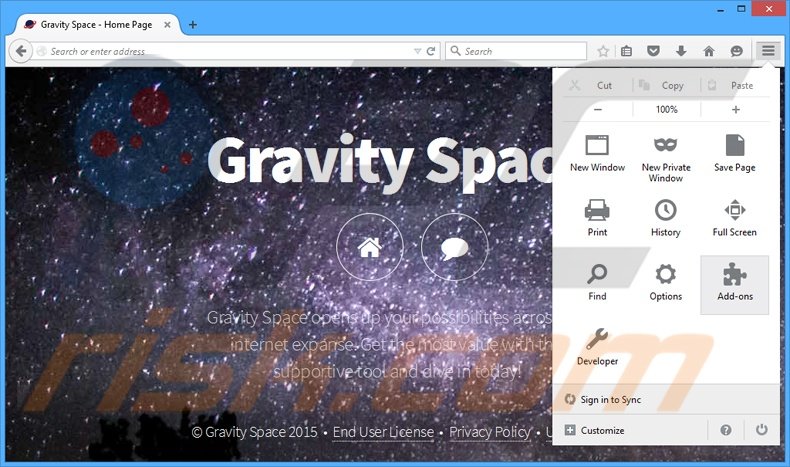 Verwijder de Gravity Space advertenties uit Mozilla Firefox stap 1