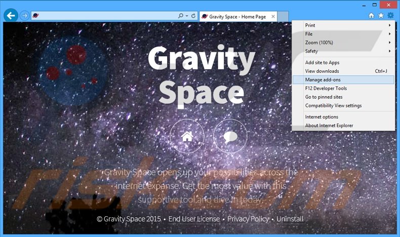 Verwijder de Gravity Space advertenties uit Internet Explorer stap 1