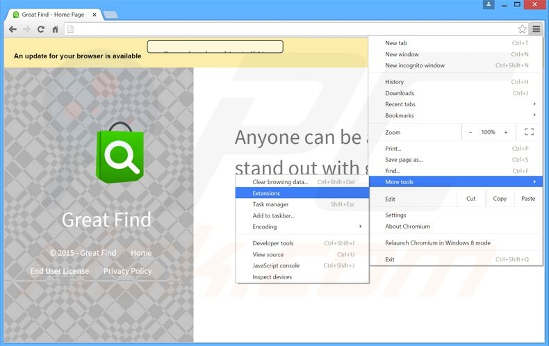 Verwijder de Great Find  advertenties uit Google Chrome stap 1