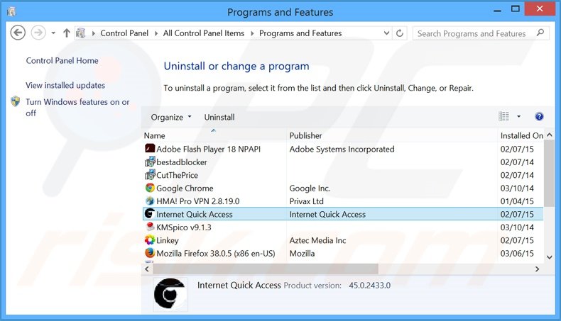 Internet Quick Access adware verwijdering via het Controle Paneel