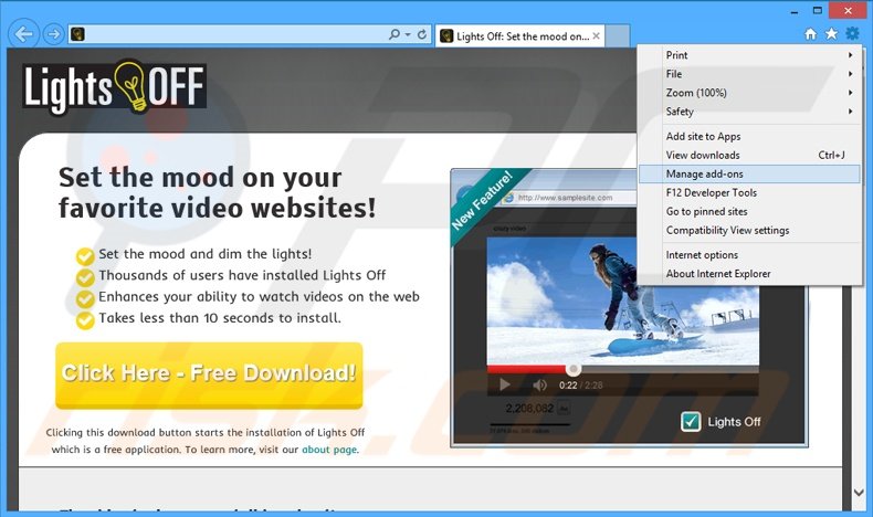 Verwijder de Lights Off add-on uit Internet Explorer stap 1