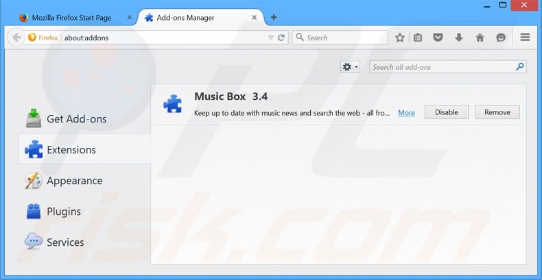 Verwijder aan MusicBox gerelateerde Mozilla Firefox extensies