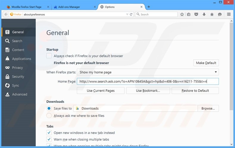Verwijder MusicBox als startpagina in Mozilla Firefox
