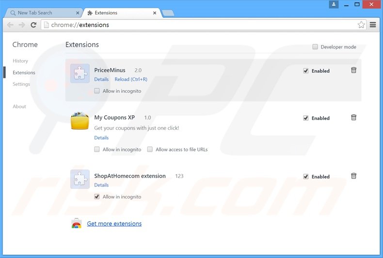 Verwijder aan search.mycouponsxp.com gerelateerde Google Chrome extensies