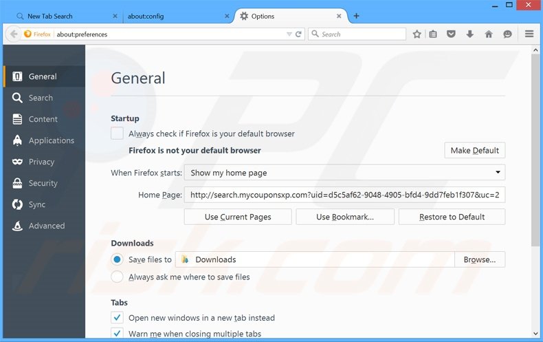 Verwijder search.mycouponsxp.com als startpagina in Mozilla Firefox