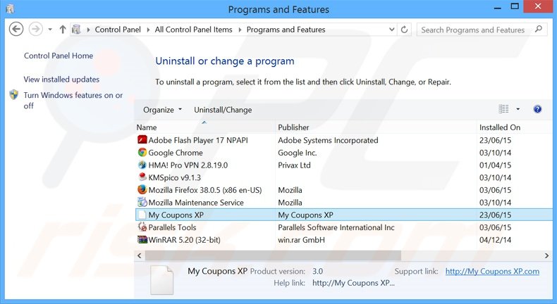 search.mycouponsxp.com browser hijacker verwijdering via het Controle Paneel