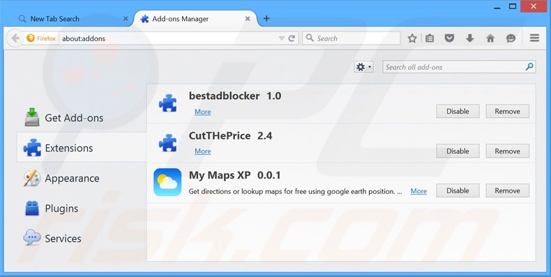 Verwijder de aan search.mymapsxp.com gerelateerde Mozilla Firefox extensies