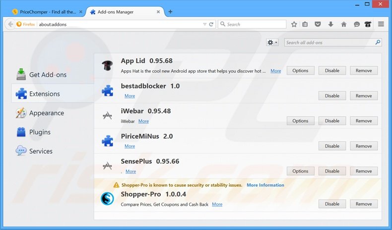 Verwijder de PriceChomper advertenties uit Mozilla Firefox stap 2