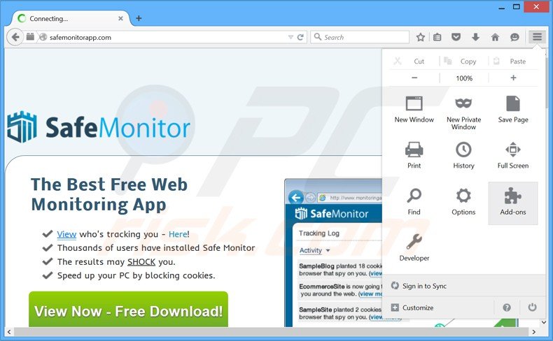 Verwijder de safe monitor advertenties uit Mozilla Firefox stap 1