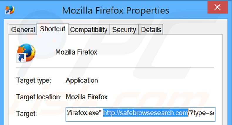 Verwijder safebrowsesearch.com als doel van de Mozilla Firefox snelkoppeling stap 2