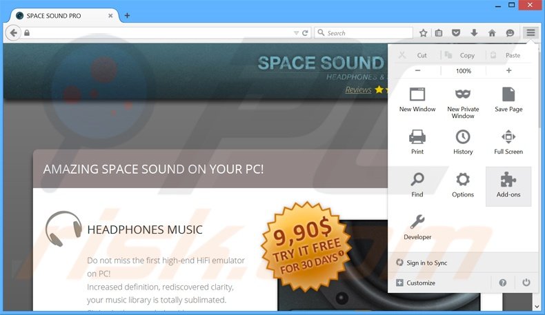 Verwijder de SpaceSoundPro advertenties uit Mozilla Firefox stap 1