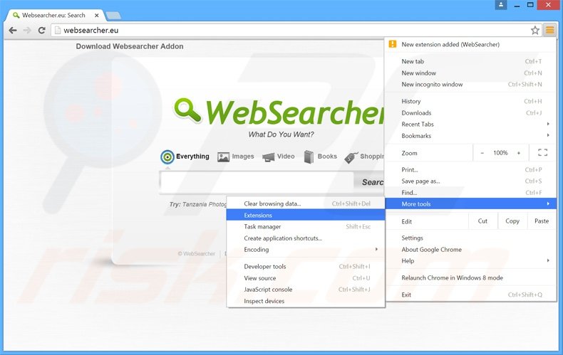Verwijder de WebSearcher advertenties uit Google Chrome stap 1