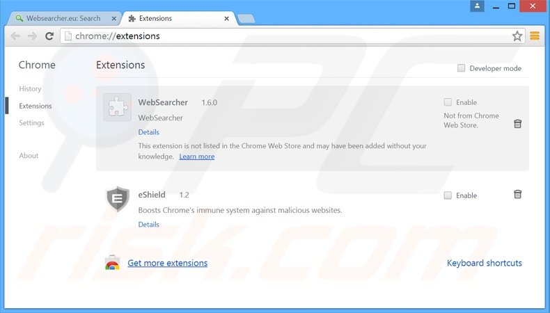 Verwijder de WebSearcher advertenties uit Google Chrome stap 2