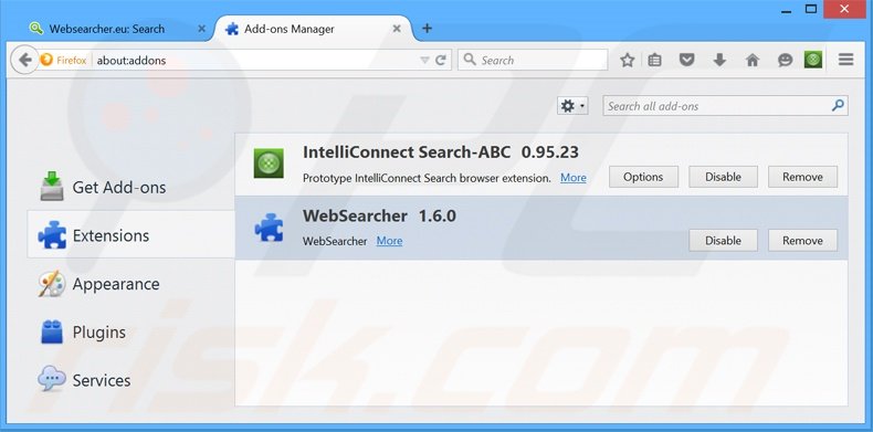 Verwijder de WebSearcher advertenties uit Mozilla Firefox stap 2