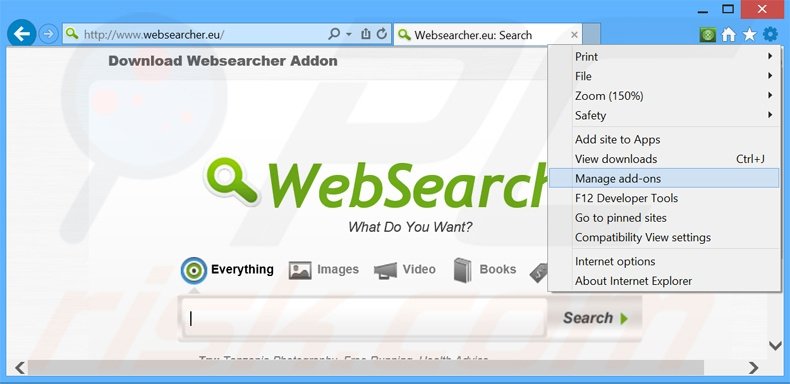 Verwijder de WebSearcher advertenties uit Internet Explorer stap 1