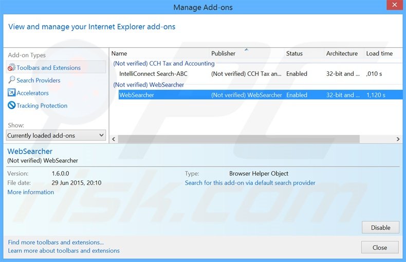 Verwijder de WebSearcher advertenties uit Internet Explorer stap 2