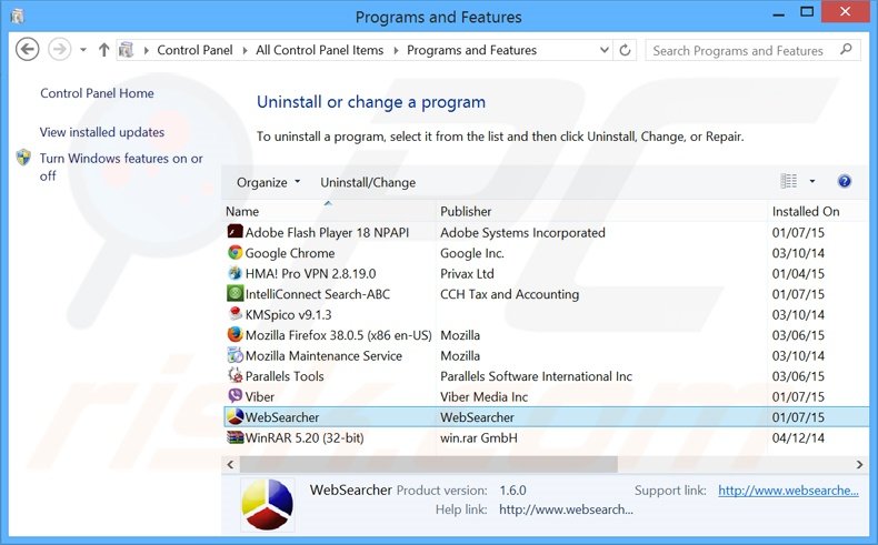 WebSearcher adware verwijdering via het Controle Paneel