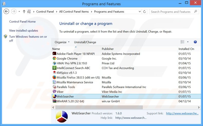 WebSearcher adware verwijdering via het Controle Paneel