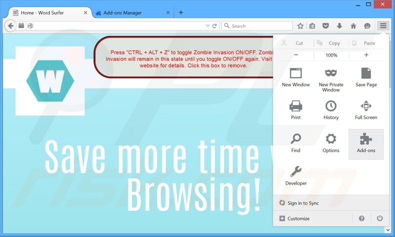 Verwijder de Word Surfer advertenties uit Mozilla Firefox stap 1