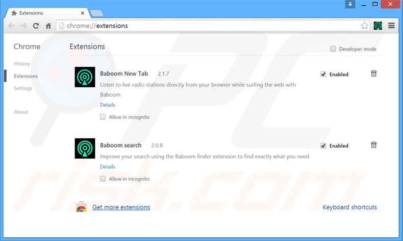Verwijder baboom.audio gerelateerde Google Chrome extensies