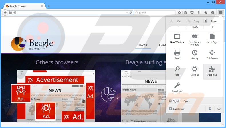 Verwijder de BeagleBrowser advertenties uit Mozilla Firefox stap 1