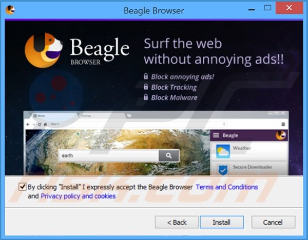 Misleidende Internet browser 'BeagleBrowser' installatieconfiguratie