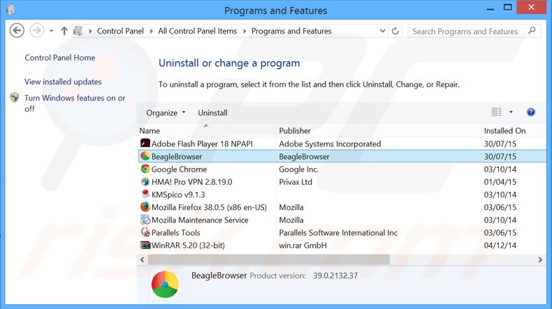 BeagleBrowser adware verwijdering via het Controle Paneel