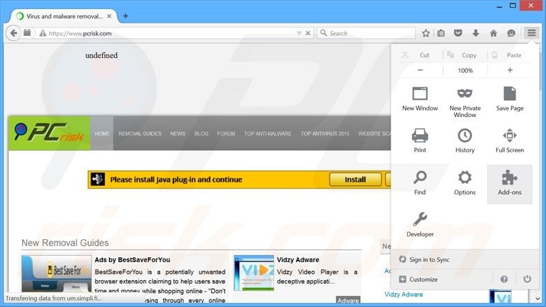 Verwijder de BitSaver advertenties uit Mozilla Firefox stap 1