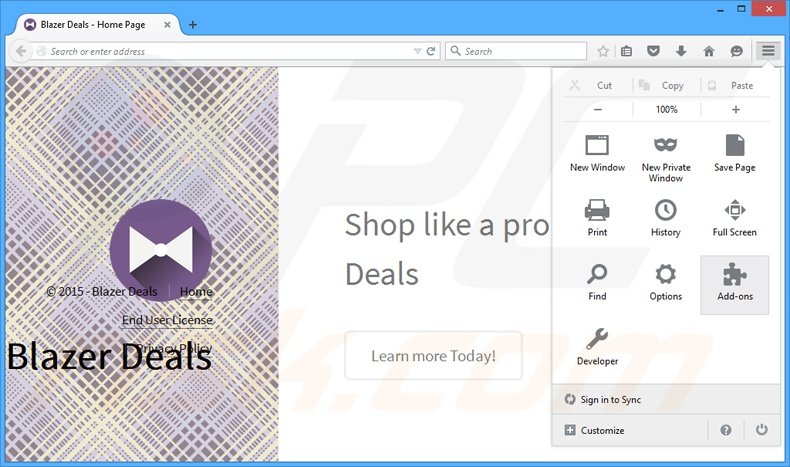 Verwijder de Blazer Deals advertenties uit Mozilla Firefox stap 1