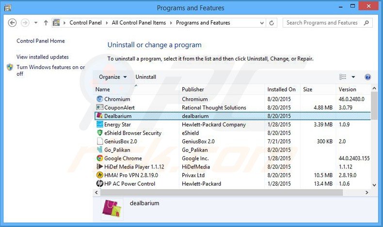 dealbarium adware verwijdering via het Controle Paneel