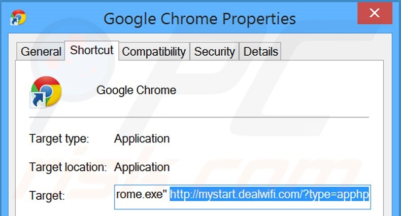 Verwijder mystart.dealwifi.com als doel van de Google Chrome snelkoppeling stap 2
