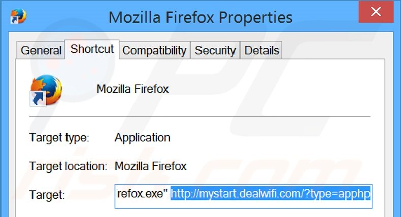 Verwijder mystart.dealwifi.com als doel van de Mozilla Firefox snelkoppeling stap 2